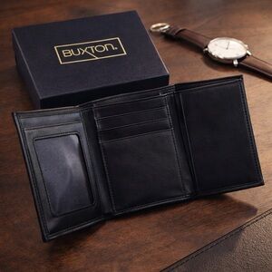 Buxton Genuine Lambskin Leather Trifold Wallet Black NWT Gift Box